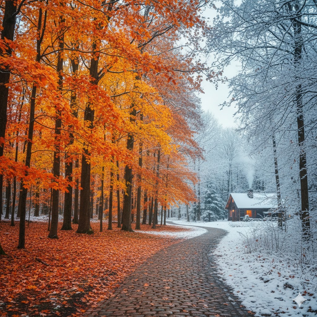 photo of a road betweeen tall deciduous trees. On one side of the trees have bright colored autumn leaves, on the other side, it is winter and snoy. A cottage hides in the fog at the end of the road.